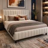 Cumpara ieftin Pat matrimonial Erzon, elemente lemn masiv, tapitat cu stofa, cu somiera,160x200 cm, crem