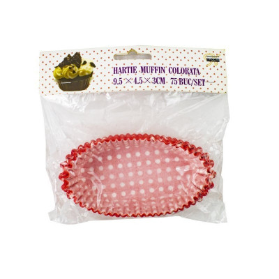 Set hartii pentru muffin, Ovale, Rosu cu buline albe, 9.5x4.5x3.9 cm, 75 buc foto