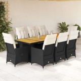 vidaXL Set bistro de grădină, 9 piese, cu perne, negru, poliratan