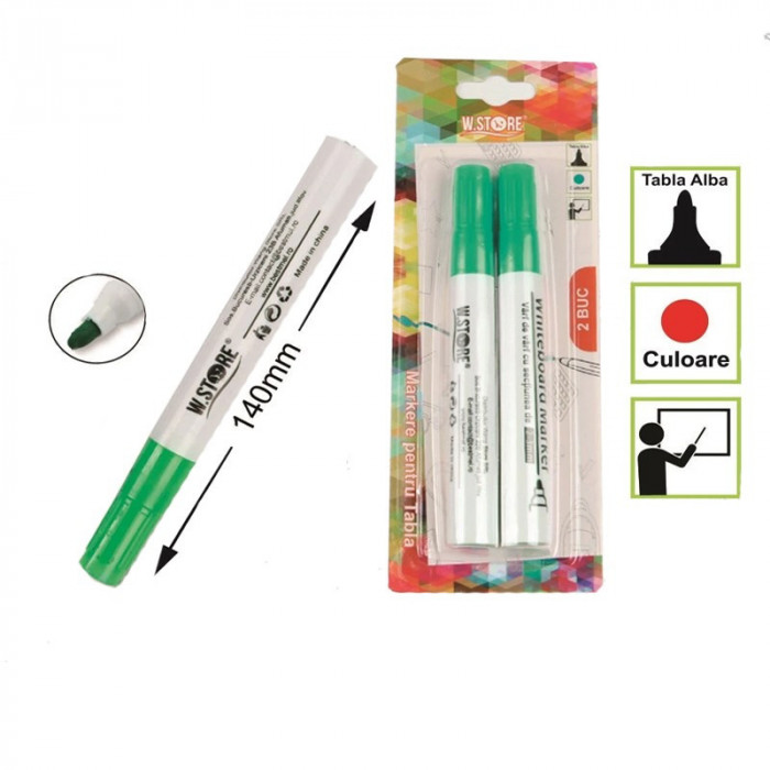 Set 2 markere pentru whiteboard, culoare verde, grosime scriere 2-3 mm