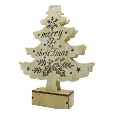 Decoratiune luminoasa, model de Brad cu inscriptie Marry Christmas, alb, lungime: 11 cm, latime: 5 cm, inaltime: 30 cm, lemn, interior/exterior