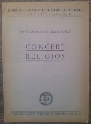 Program Concert Religios Biserica Evanghelica din Bucuresti/ 1955 foto