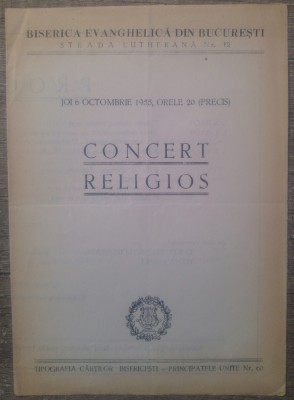 Program Concert Religios Biserica Evanghelica din Bucuresti/ 1955 foto