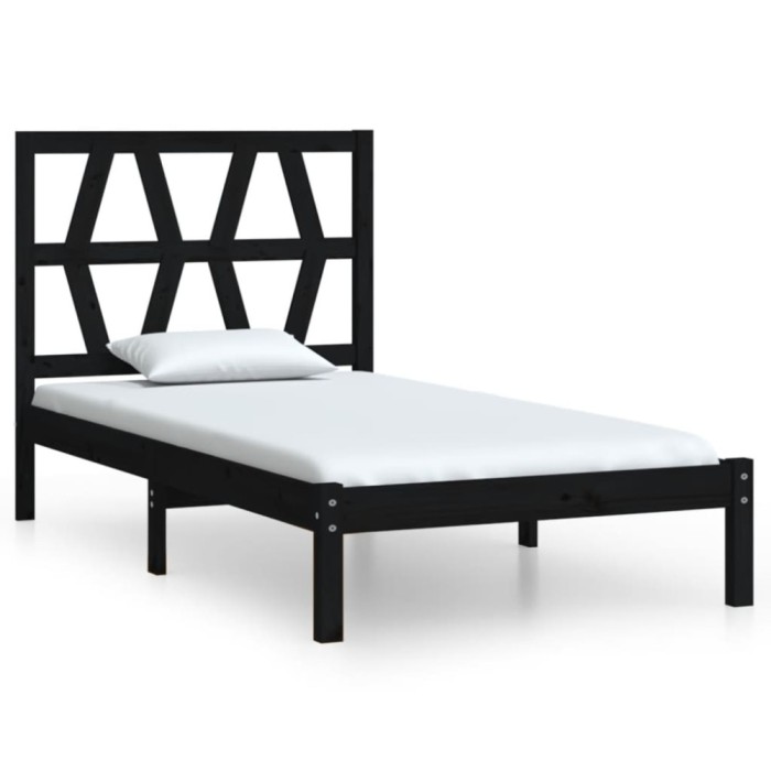 Cadru de pat mic single, negru, 75x190 cm, lemn masiv de pin