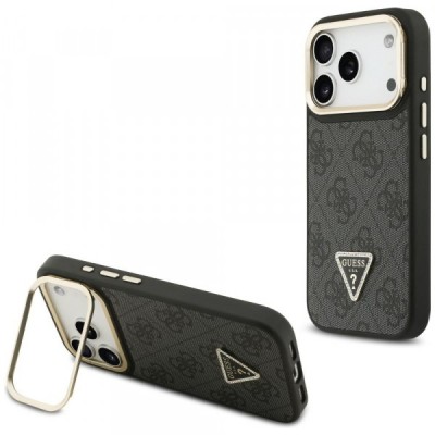 Husa MagSafe pentru Apple iPhone 17 Pro, Guess, 4G Triangle Logo with Stand Camera, Neagra Aurie foto