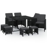 Set mobilier de gradina cu perne, 9 piese, negru, poliratan