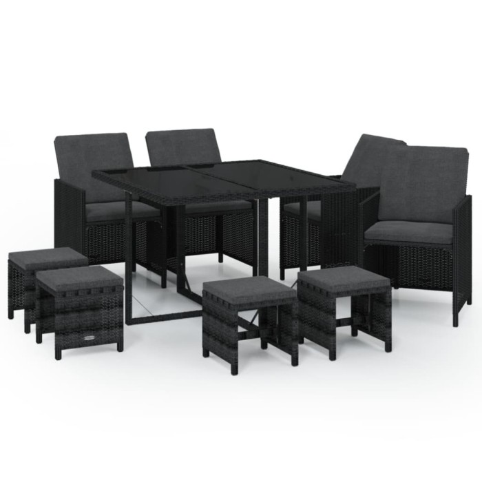 Set mobilier de gradina cu perne, 9 piese, negru, poliratan