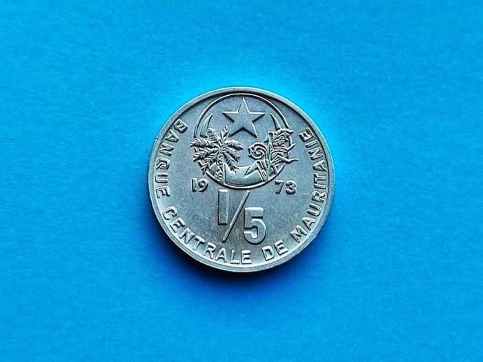 1/5 Ouguiya 1973 Mauritania--AUNC-RAR-Aluminiu