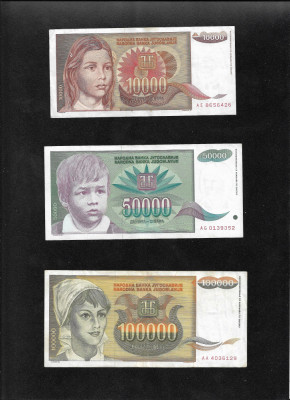 Set Iugoslavia 10000 + 50000 + 100000 dinari dinara 1992(93) F-VF pret pe set foto