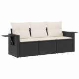 Set mobilier de gradina cu perne, 3 piese, negru, poliratan