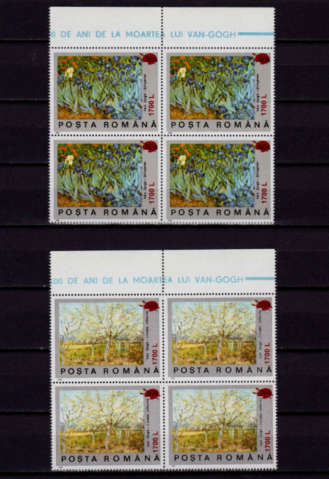 RO 2000 ,LP 1513 , &quot; 100 ani m. Van Gogh s./1990&quot; ,bloc 4 ,EROARE/pata L1/C3,MNH