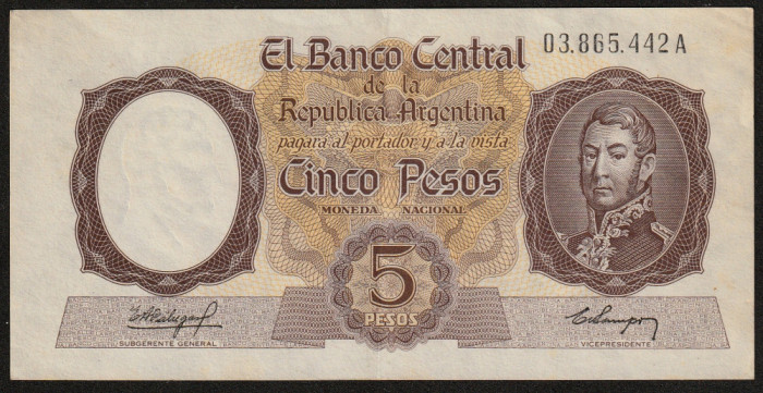 Argentina, 5 pesos 1960-1962 ND, generalul Jos&eacute; Francisco, serie_03.865.442A