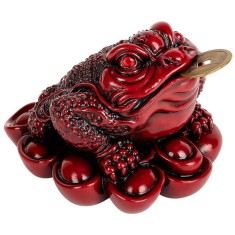 Broasca norocoasa Feng Shui, pe soclu de monede si pepite, statueta piatra 9 cm rosu