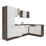 Mobilier de bucătărie de colț Yorki 280, cu corp din stejar Yorki, fațade albe cu finisaj satinat și dulap cu rafturi, fără blat de lucru