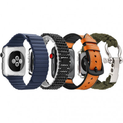 Set 4 Curele iUni compatibile cu Apple Watch 1/2/3/4/5/6/7, 44mm, Bleumarin, Negru, Maro, Verde foto