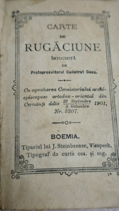 Carte de rugăciune an 1901 Calistrat Coca