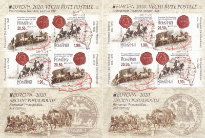 EUROPA 2020,VECHI RUTE POSTALE,BLOCURI MODEL I SI II,2020,MNH.ROMANIA. foto