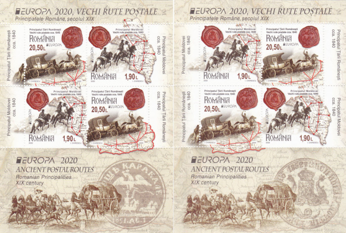 EUROPA 2020,VECHI RUTE POSTALE,BLOCURI MODEL I SI II,2020,MNH.ROMANIA.