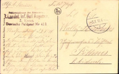 HST CP108 Carte postala germană 1918 Deutsche Feldpost 411 foto