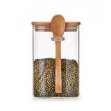 Recipient 700 ML din Sticla borosilicata, cu lingurita si capac Bamboo