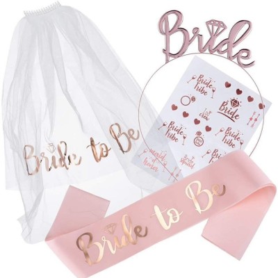 Set de accesorii pentru mireasa, flippy, coronita, panglica, stickere, voal, model bride to be, tematica nunta, alb-roz foto