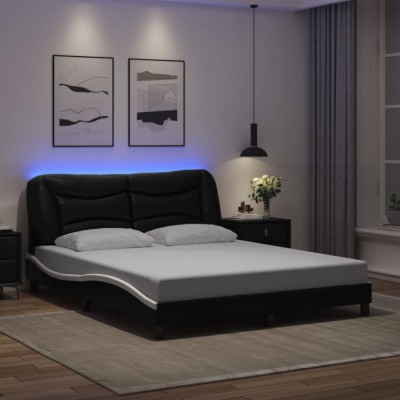 vidaXL Cadru de pat cu LED, negru și alb, 160x200 cm, piele ecologică 3213946 foto