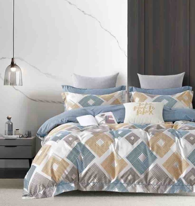 Lenjerie pat single,bumbac finet,4 piese,cearceaf normal,multicolora,romburi-A1052