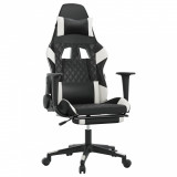 Scaun de gaming masaj/suport picioare alb/negru piele eco