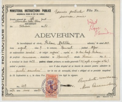 Romania, Ministerul Instructiunii Publice, Scoala primarade fete &amp;quot;Alexandru Voda Ghica&amp;quot;, Adeverinta, Bucuresti, 1928 foto