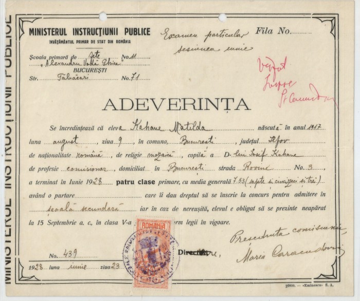 Romania, Ministerul Instructiunii Publice, Scoala primarade fete &quot;Alexandru Voda Ghica&quot;, Adeverinta, Bucuresti, 1928