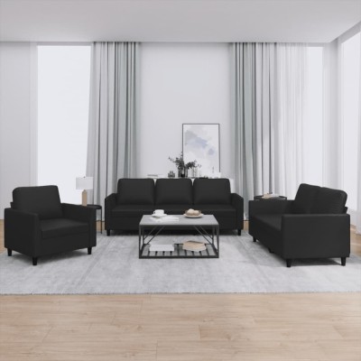Set de canapele cu perne, 3 piese, negru, piele ecologică foto