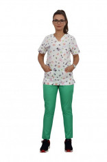 Costum medical Buburuze, bluza cu imprimeu si pantaloni verzi cu elastic S INTL foto