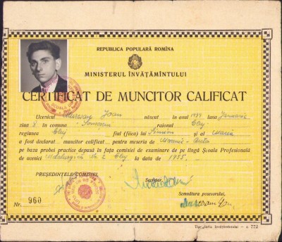A1350 Certificat de muncitor calificat mecanic auto, 1955, Cluj foto