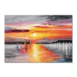 Tablou pictat manual, Magia marii, apus de soare cu veliere, 70x50cm ulei pe panza in cutit efect 3D, Spectaculos