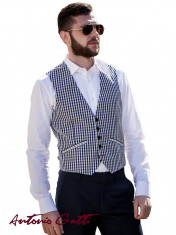 Vesta Barbati Slim Fit Eleganta in Carouri Alb-Negru V002 G foto