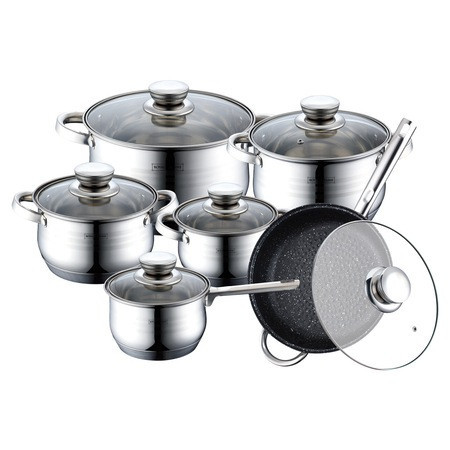 Set oale inox si tigaie inox marmorata antiaderenta, cu capace de sticla, 12 piese Royalty Line RL 1231M