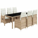 Cumpara ieftin Set bistro de gradina, 7 piese, cu perne, bej, poliratan