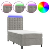 Cumpara ieftin Pat cu arcuri, saltea si LED, gri deschis, 90x200 cm, catifea