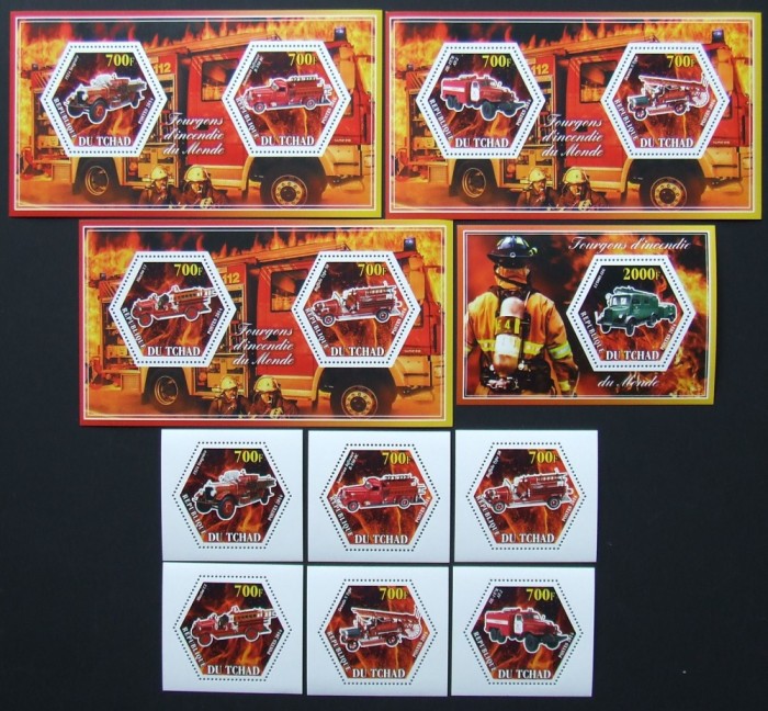 R.DU TCHAD-MASINI DE POMPIERI-SET 6 V.+4 S/Sh.NEOBLITERATE-DANTELATE-MNH** - EP 084