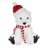 Figurina Decorativă Crăciun, Urs Spumă, Pălărie Roșie și Fular Dungi, 28cm, Alb