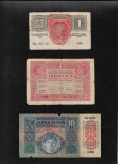 Set Austria Austro Ungaria 1 + 2 + 10 kronen korona uzate foto