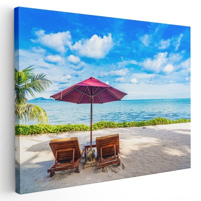 Tablou sezlonguri cu umbreluta pe plaja Tablou canvas pe panza CU RAMA 40x60 cm foto