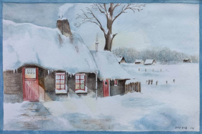 Peisaj de iarnă cu case, acuarelă foto