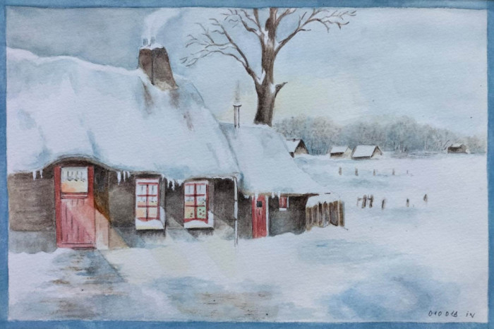 Peisaj de iarnă cu case, acuarelă