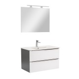 Mobilier Baie Vario Trim 80, Antracit-Alb, Lavoar Ceramic, Oglinda inclusa, Corp suspendat, Inchidere Silentioasa