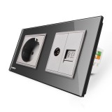 Cumpara ieftin Priza dubla Livolo cu rama din sticla, Schuko + TV/internet, gri