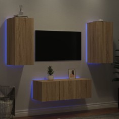 vidaXL Unități de perete TV cu LED-uri, 4 piese, stejar sonoma, lemn 3216806
