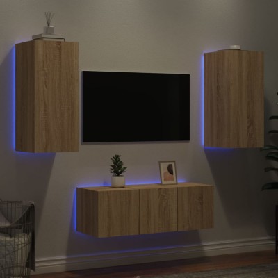 vidaXL Unități de perete TV cu LED-uri, 4 piese, stejar sonoma, lemn foto