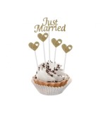 Set 5 Toppere Tort Just Married, Sclipici Auriu, Decor Nunta, Prajituri, Briosse, Inimioare