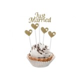 Set 5 toppere decorative pentru tort sau prajituri model Just Married cu sclipici auriu